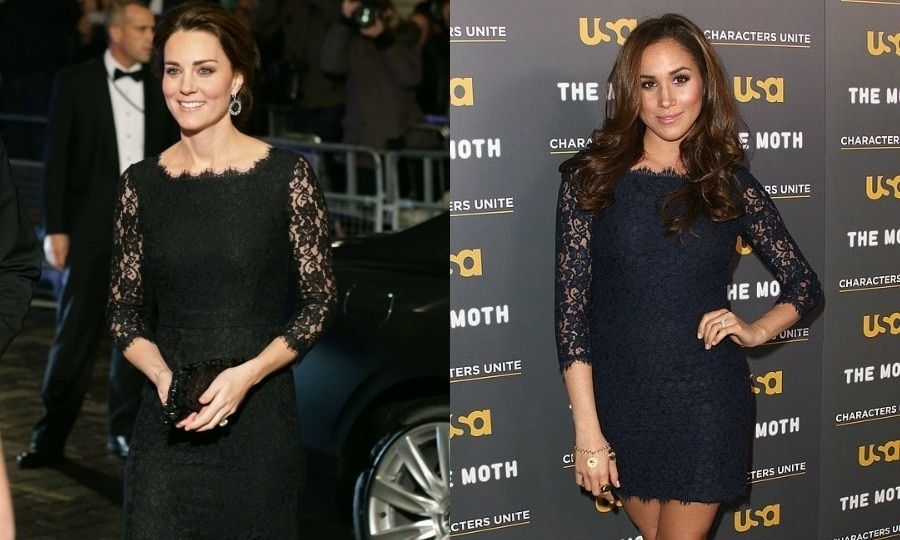 <b>DVF lace</b>
Great minds think alike! Kate and Meghan donned lacy Diane von Furstenberg dresses a few years apart. Prince Harry's girlfriend wore a shorter, navy version of the designer's "Zarita" dress to a 2012 USA Network event in Hollywood, while Prince William's wife donned a full-length black gown version for the 2014 Royal Variety Performance in London.
Photos: Getty Images