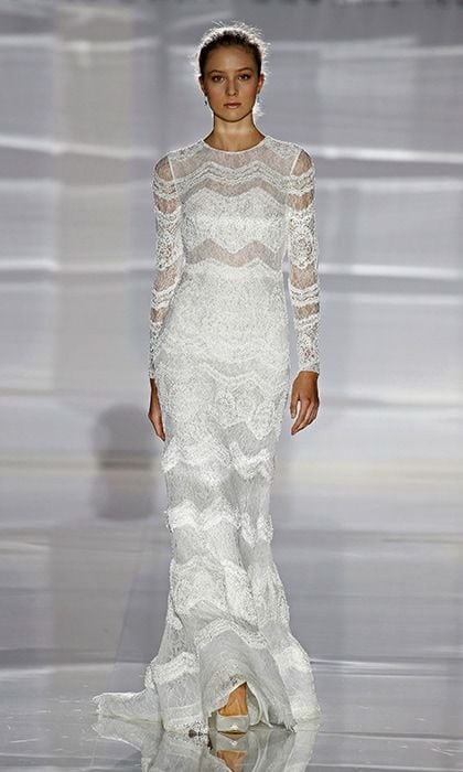 Jesus Peiro, a Spanish label currently celebrating its 30th anniversary, presented a chevron lace design that put a contemporary twist on the long-sleeved princess look.
Photo: Getty Images