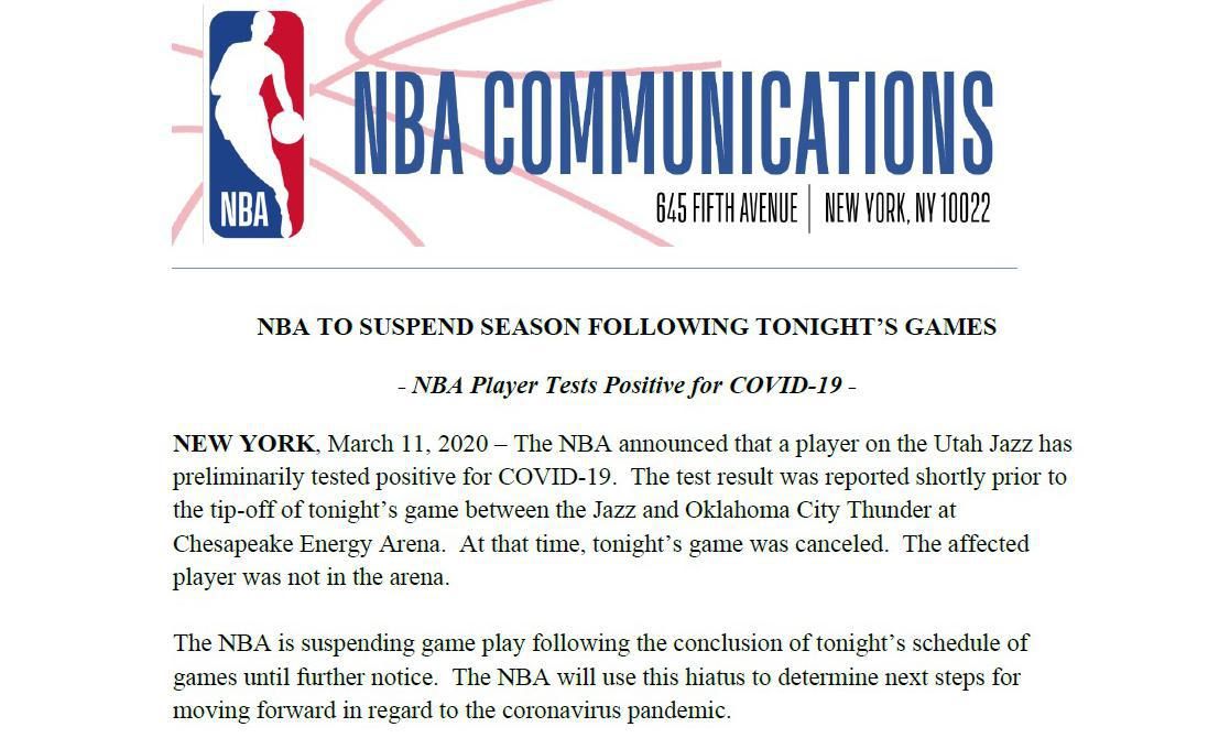 NBA press release canceling all NBA games as of March 11, 2020