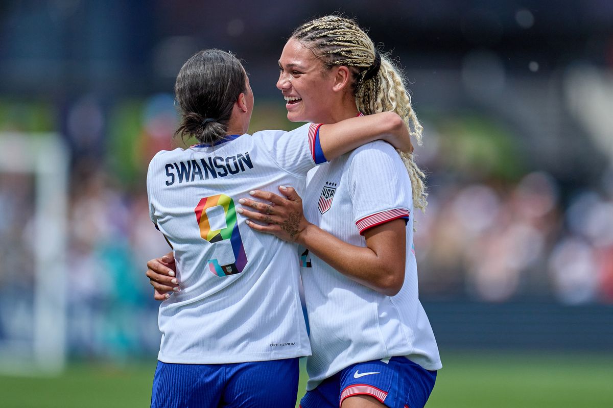 Mallory Swanson, #9 of the United States, scores and celebrates with Trinity Rodman #22 during an international friendly game between Korea Republic and USWNT at Dicks Sporting Goods Park on June 1, 2024, in Commerce City, Colorado. 