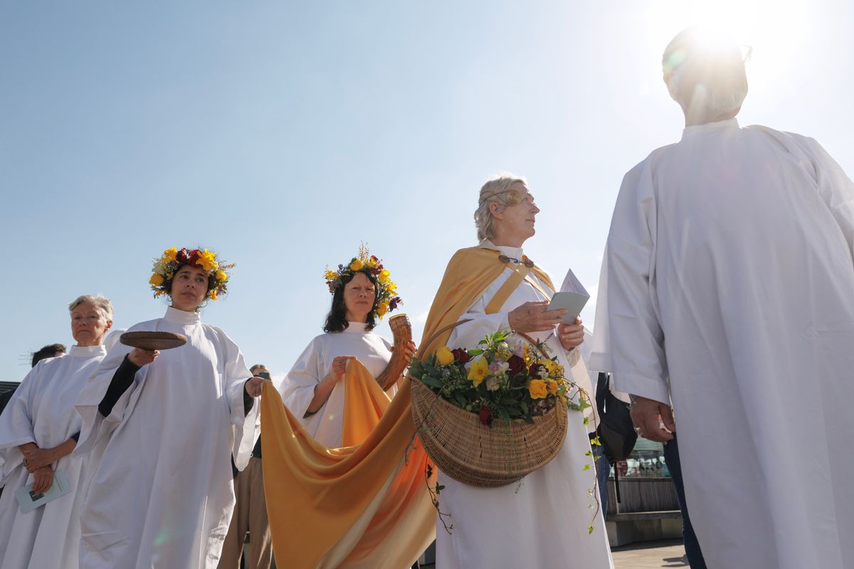 Members of the Druid Order take part in a celebration of the Spring Equinox during a ceremony at Tower Hill on March 20, 2025, in London, England. 