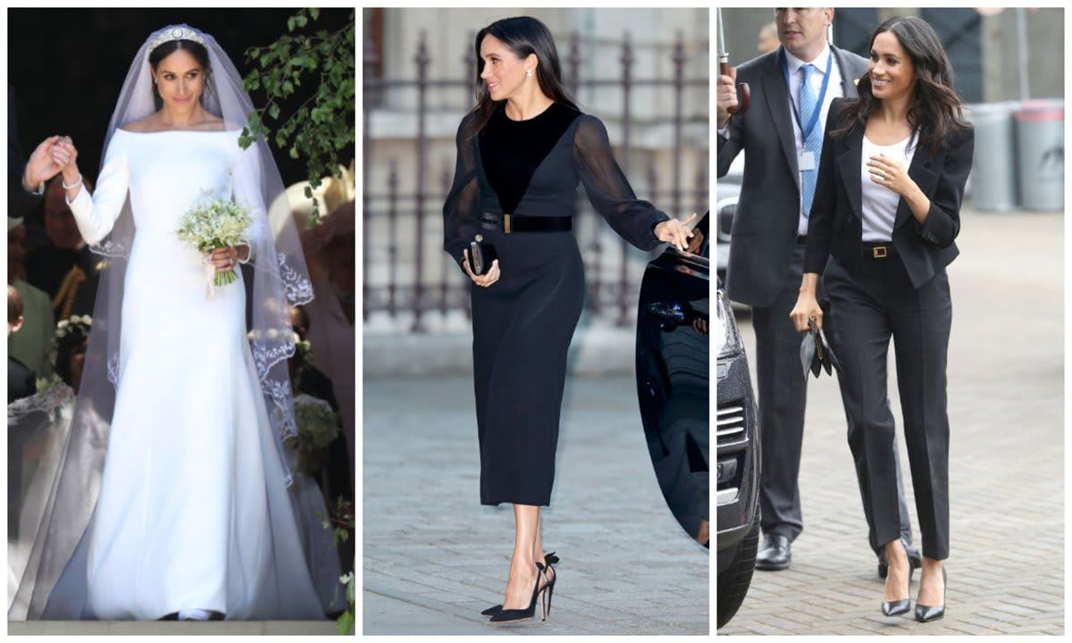 Meghan Markle wearing her wedding dress, black midi dress, and two-piece suit all by Givenchy