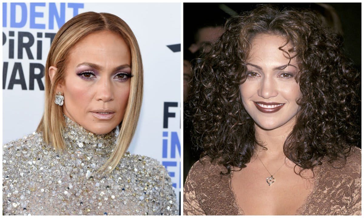 Jennifer Lopez with shoulder-length blond hair on the left, and a full head of dark brown curls on the right