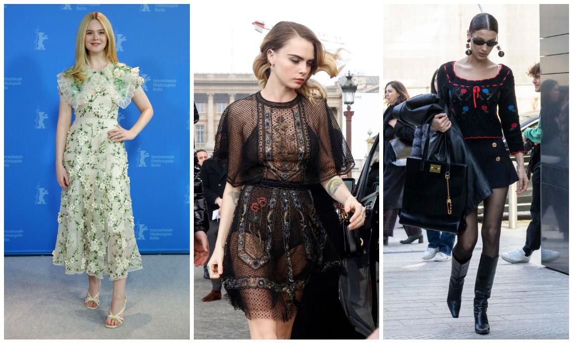 Elle Fanning, Cara Delevingne, and Bella Hadid in floral print designs by Rodarte, Dior, and Versace, respectively