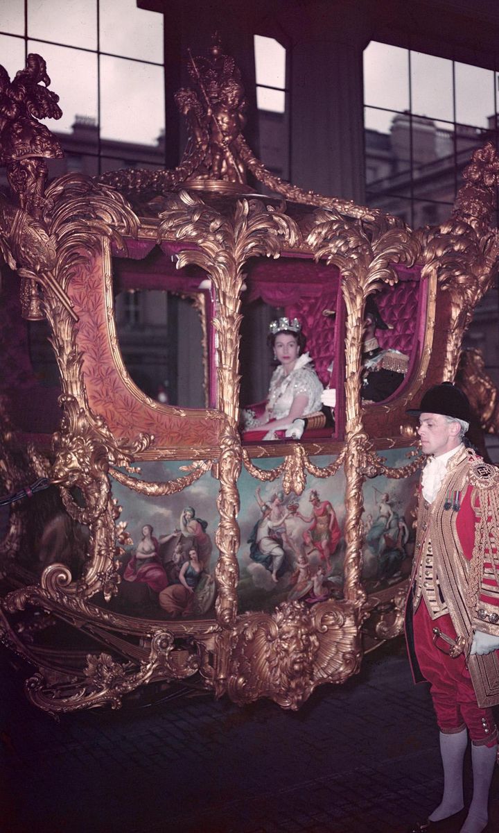 The Gold State Coach was used to take Queen Elizabeth and Prince Philip from Buckingham Palace to Westminster Abbey.