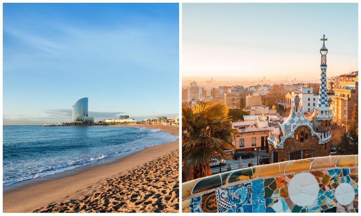 Barcelona with blue sky at sunrise. Seafront, beach,coast in Spain. Suburb of Barcelona, Catalonia