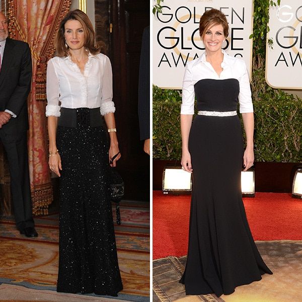 <b>Queen Letizia of Spain and Julia Roberts</B>
<br>
Both Letizia and Julia put their own spin on classic black and white. And while the Spanish queen gave her ensemble a black-tie boost with a sparkling skirt, the actress proved that even a simple strapless dress and crisp white blouse can steal the show at a high-profile event.
<br>
<br>
Photo: Getty Images