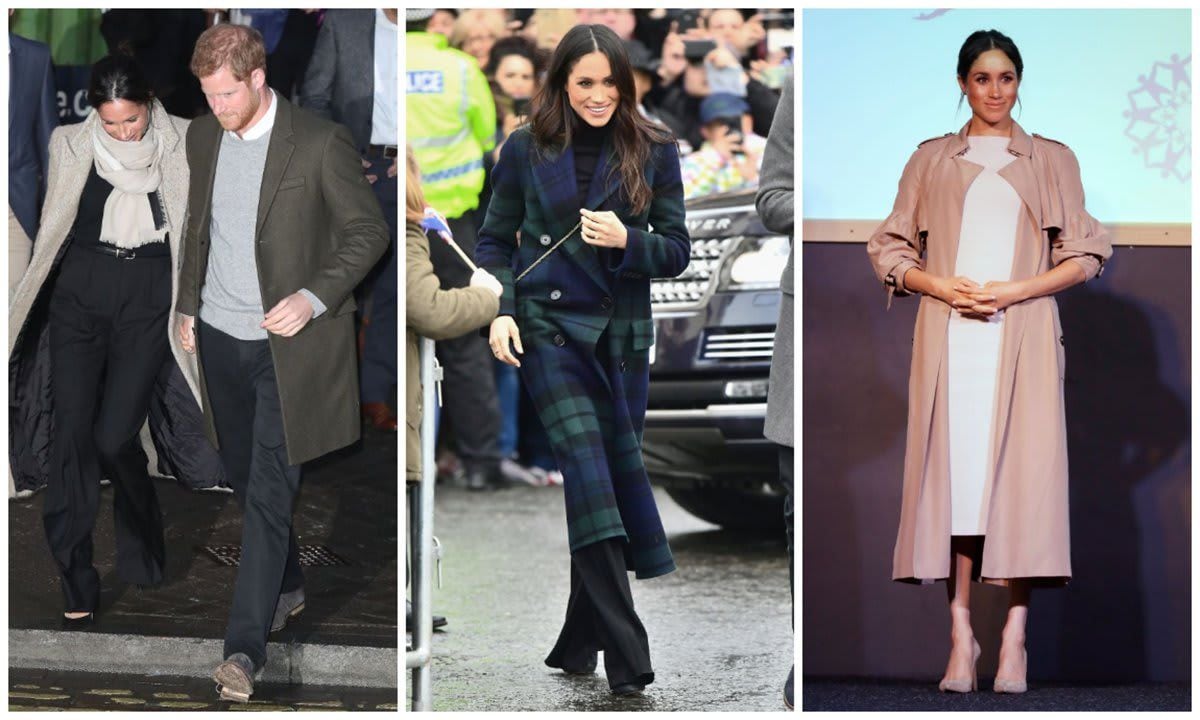 Meghan Markle wearing black pants and trench by Burberry