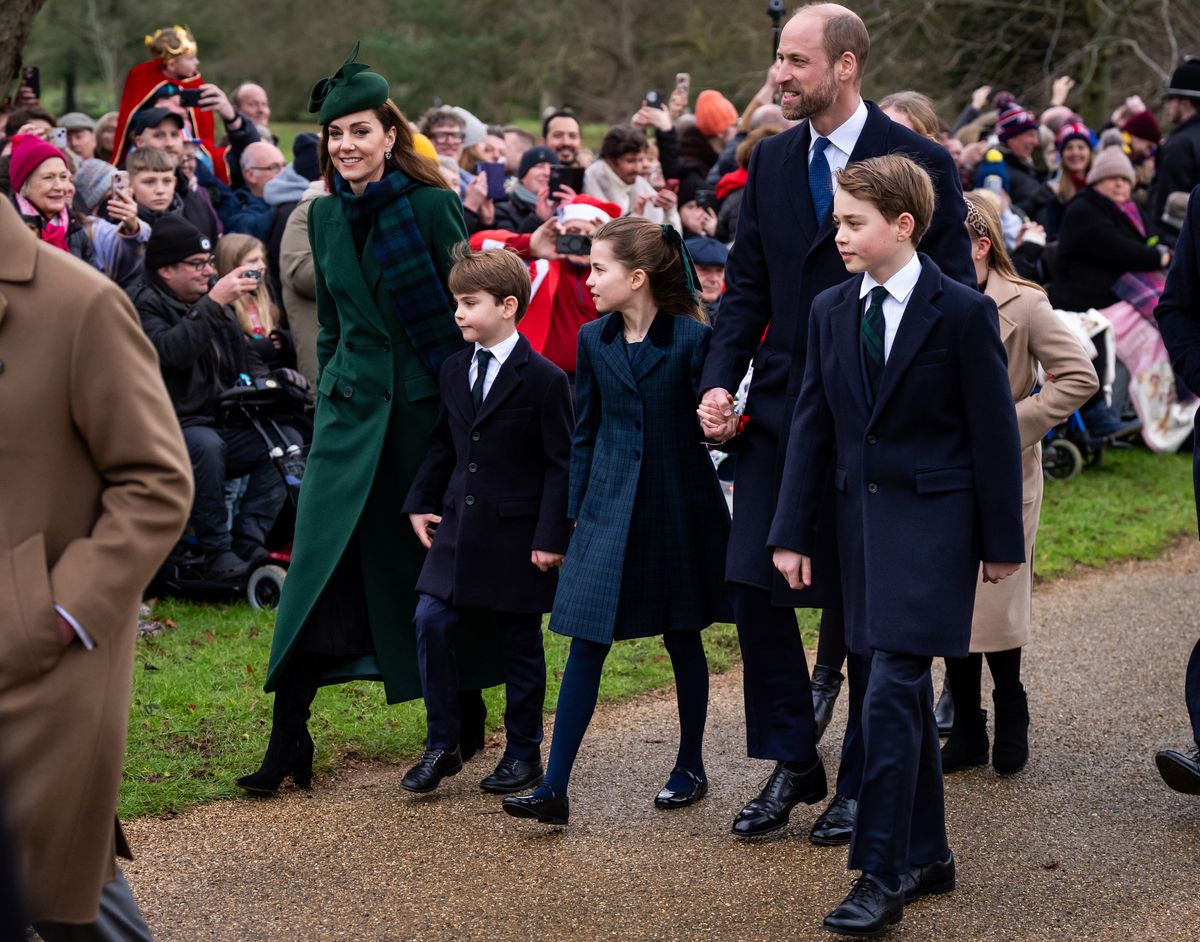 (left to right) The Princess of Wales, Prince Louis, Princess Charlotte, the Prince of Wales, and Prince George attending the Christmas Day morning church service at St Mary Magdalene Church in Sandringham, Norfolk. Picture date: Wednesday December 25, 2024. (Photo by Aaron Chown/PA Images via Getty Images)