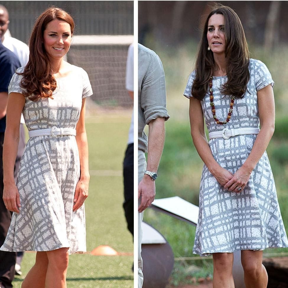 Kate Middleton in a short-sleeved boat neck Hobbs dress in 2012 and 2014