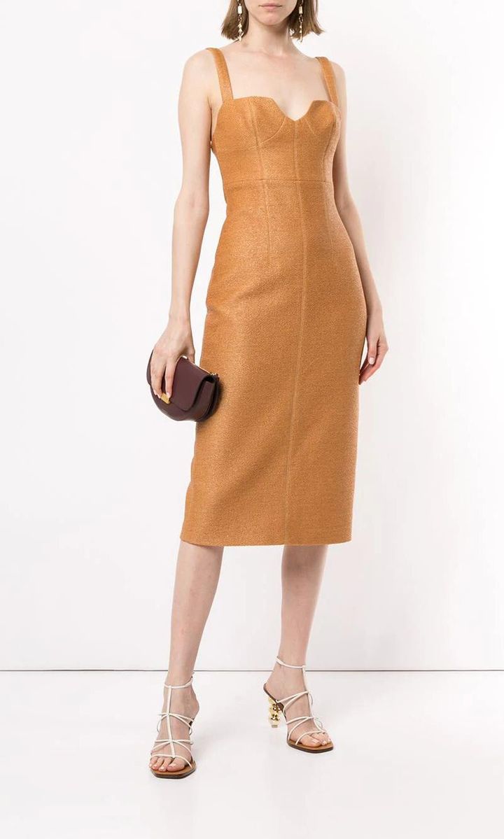 Caramel scoop neck dress with fitted silhouette by Manning Cartell