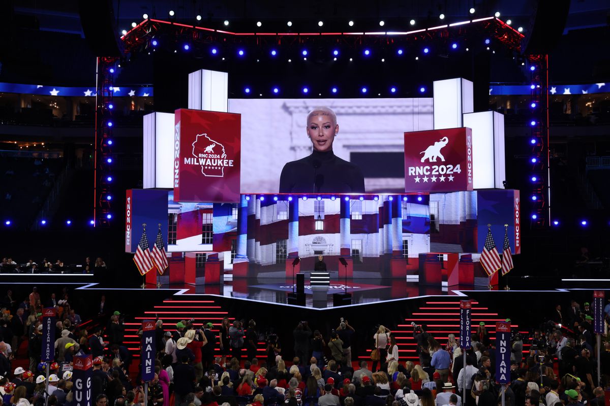 MILWAUKEE, WISCONSIN - JULY 15: Rapper & Influencer Amber Rose appears on stage on the first day of the Republican National Convention at the Fiserv Forum on July 15, 2024 in Milwaukee, Wisconsin. Delegates, politicians, and the Republican faithful are in Milwaukee for the annual convention, concluding with former President Donald Trump accepting his party's presidential nomination. The RNC takes place from July 15-18. (Photo by Chip Somodevilla/Getty Images)