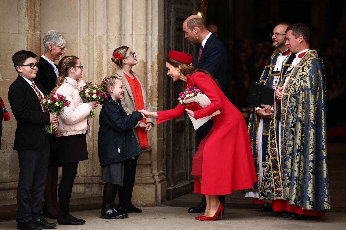 Britain's Catherine, Princess of Wales receives a posy of flowers as she leaves the annual Commonwealth Day service ceremony at Westminster Abbey in London, on March 10, 2025 . (Photo by HENRY NICHOLLS / AFP) (Photo by HENRY NICHOLLS/AFP via Getty Images)          