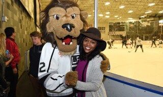 March 20: Big hugs! Aja Naomi King got a squeeze from L.A. Kings mascot Bailey during The Luc Robitaille Celebrity Shootout tournament benefiting Echoes of Hope.
<br>
Photo: Adam Pantozzi for Echoes of Hope