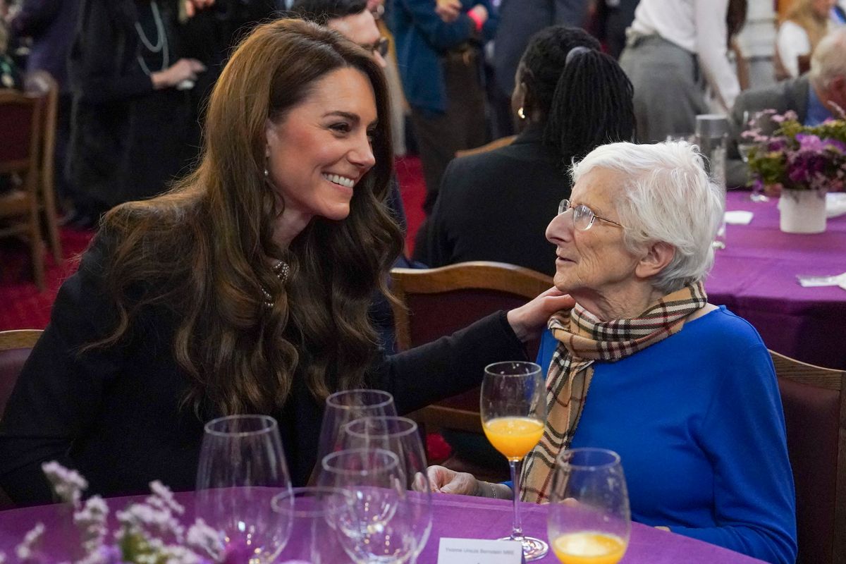 Britain's Catherine, Princess of Wales (L) meets Holocaust survivor Yvonne Bernstein (R) during a ceremony to commemorate Holocaust Memorial Day and the 80th anniversary of the liberation of Auschwitz-Birkenau at the Guildhall in London on January 27, 2025. Holocaust Memorial Day is an internationally recognised date to remember the six million Jews murdered during the Holocaust, the millions of people killed under Nazi persecution and those killed in subsequent genocides. (Photo by Arthur Edwards / POOL / AFP) (Photo by ARTHUR EDWARDS/POOL/AFP via Getty Images)