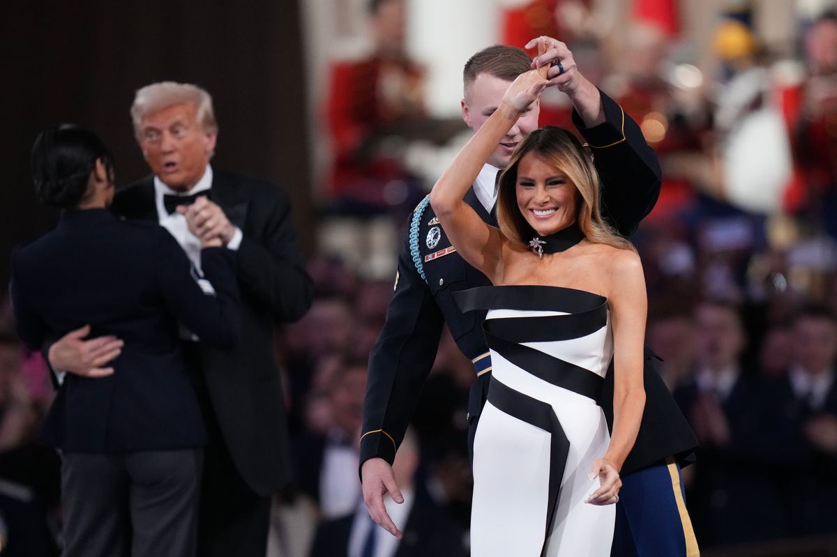 WASHINGTON, DC - JANUARY 20: Melania Trump and President Donald Trump dance at the Commander-in-Chief Ball on January 20, 2025 in Washington, DC.  President Trump attends some of the inaugural balls after taking the oath as the 47th president. (Photo by Andrew Harnik/Getty Images)