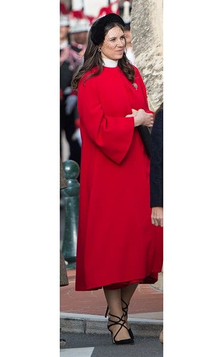 Three's a trend? Tatiana Casiraghi married to Princess Caroline's son Andrea Casiraghi also went for a retro vibe, with a velvet 1950s-style half hat with veil, and a bright red midi-length swing coat.
Photo: Getty Images