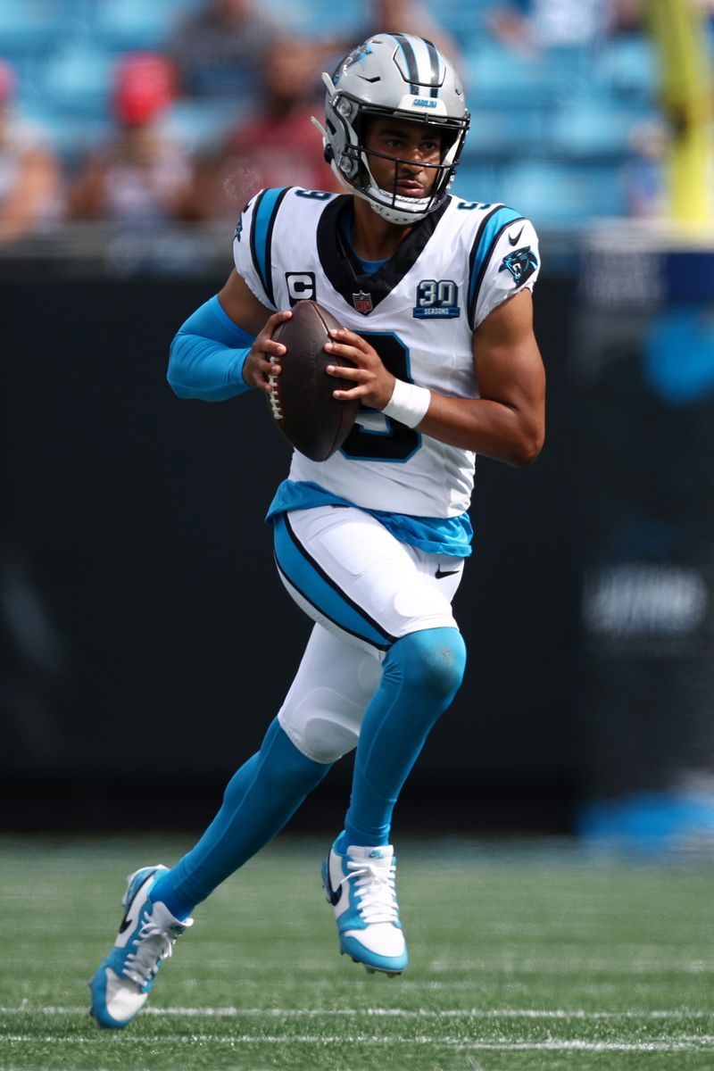 Quarterback Bryce Young #9 of the Carolina Panthers carries the ball during the second half of the game against the Los Angeles Chargers at Bank of America Stadium on September 15, 2024 in Charlotte, North Carolina. (Photo by Jared C. Tilton/Getty Images)