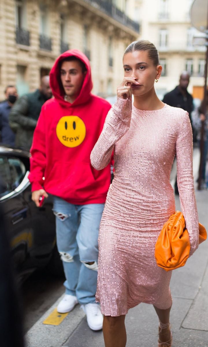 Hailey Bieber Dazzles into a Pink Dress for Dinner with Husband Justin in Paris