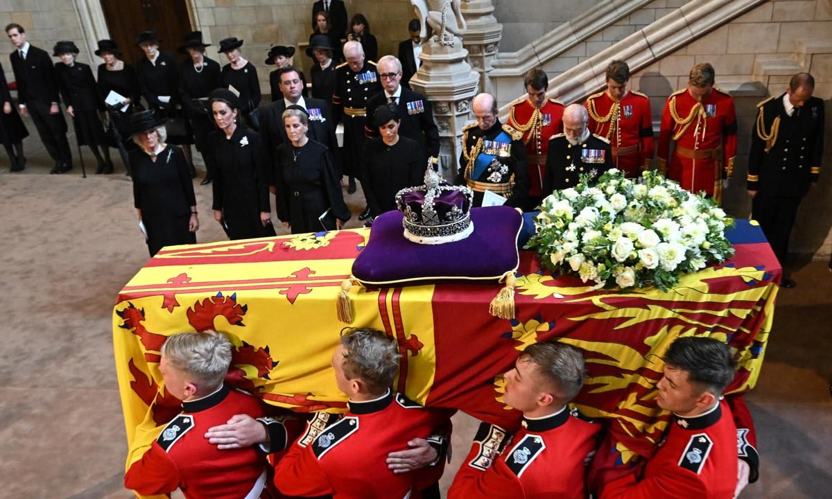 The Queen Consort, the Princess of Wales, Sophie, Countess of Wessex and Meghan Markle watched Her Majesty's coffin arrive at Westminster Hall, where Queen Elizabeth will lie-in-state for four days.