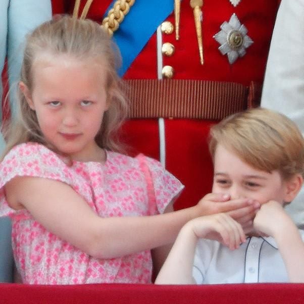 Peter and Autumn Phillips' oldest daughter and Prince George's playful relationship was on display as Savannah placed her hand over the future King's mouth during the 2018 celebration.