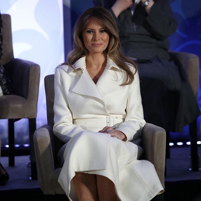 The first lady was a vision in white stepping out for the 2017 Secretary of State's International Women of Courage Awards in D.C. Melania looked elegant wearing a belted ivory coat by The Row and Christian Louboutin pumps for the ceremony.
Photo: Win McNamee/Getty Images