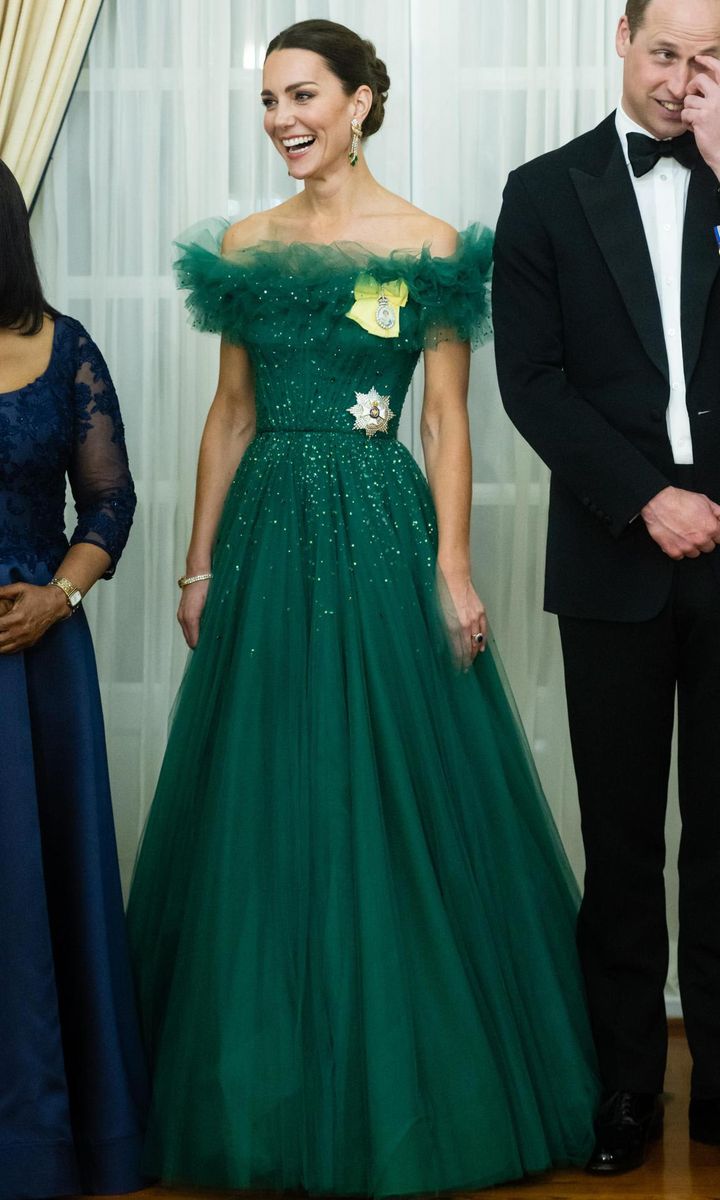 Catherine looked every inch a Princess wearing a glittering Jenny Packham gown to a dinner hosted by the Governor General of Jamaica during her visit to Jamaica in March.