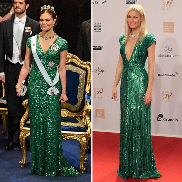 <b>Crown Princess Victoria of Sweden and Gwyneth Paltrow</B>
<br>
The Hollywood actress had fashion fans green with envy as she walked the red carpet at the 2011 Bambi awards in a slinky, plunging number by Elie Saab. The following year at the 2012 Nobel Prize ceremony, Sweden's future queen shimmered in a similar emerald gown, which she paired with a show-stopping tiara.
<br>
<br>
Photo: Getty Images