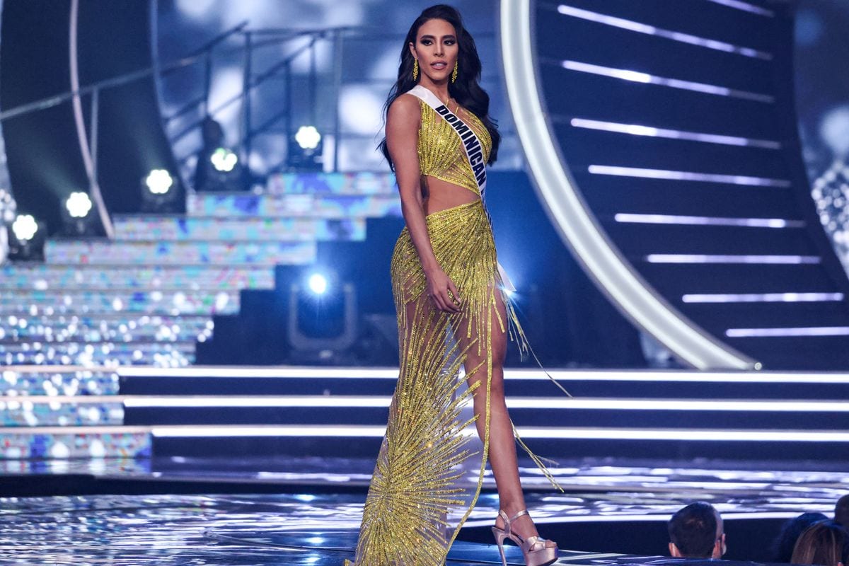 Miss Dominican Republic Debbie Aflalo presents herself on stage during the preliminary stage of the 70th Miss Universe beauty pageant in Israel's southern Red Sea coastal city of Eilat on December 10, 2021. (Photo by Menahem KAHANA / AFP) (Photo by MENAHEM KAHANA/AFP via Getty Images)