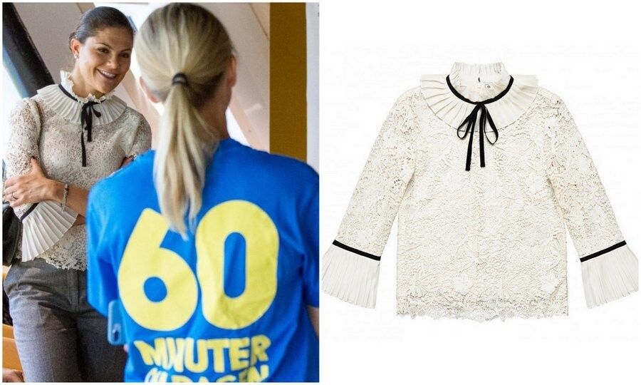 On October 20, 2017, during a visit to the Pep Forum on teen and children's health, Crown Princess Victoria of Sweden gave us a sneak peek at a look from the upcoming Erdem x H&M collection a $129 lace blouse with with black ribbon detail and pleated sleeves and cuffs. The Swedish future queen often wears H&M, one of her country's most famous fashion exports.
Photo: Instagram/@Kungahuset, Erdem x H&M