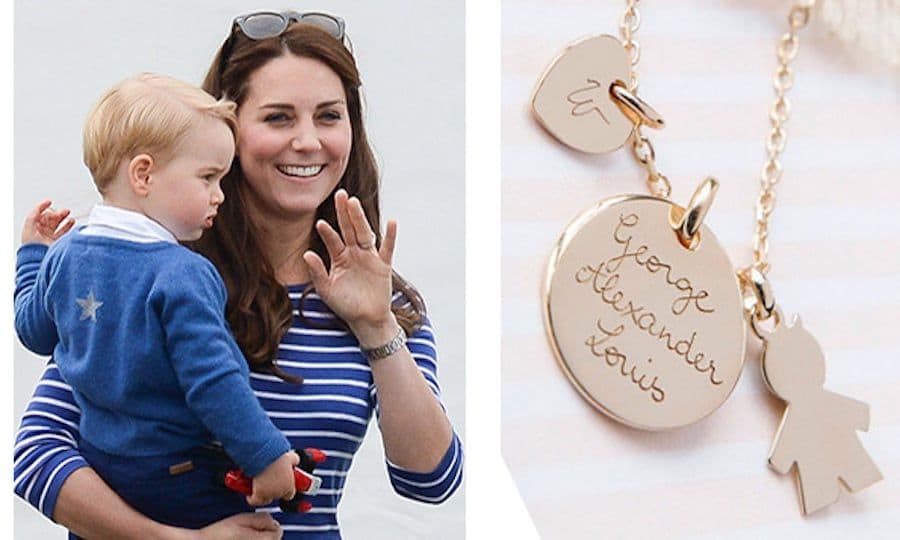 Kate Middleton snagged her own namesake necklace by Merci Maman after the arrival of Prince George. The Duchess' pendant features a small gold-plated circle etched with George Alexander Louis, a heart with the initial W (for Prince William, naturally) and a little boy charm.
Gold plated necklace with charms, $179. mercimamanboutique.com
