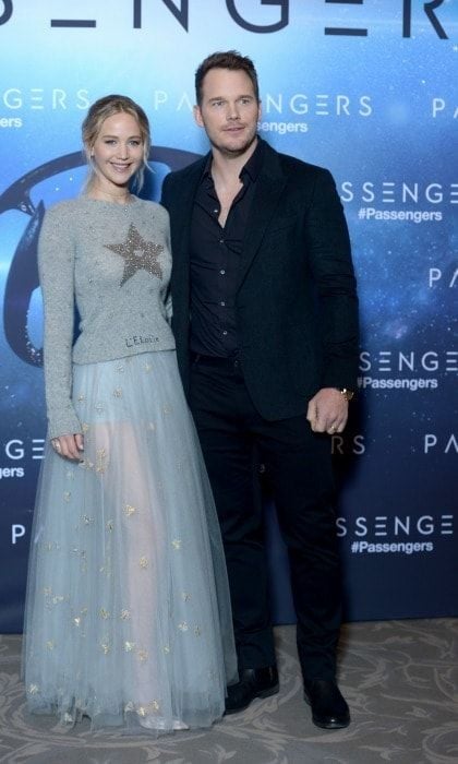 November 29: Sheer perfection! Jennifer Lawrence showed a lot of leg in an embellished number by Dior as she stood next to Chris Pratt during the <i>Passengers</i> photo call in Paris.
Photo: Dominique Charriau/WireImage