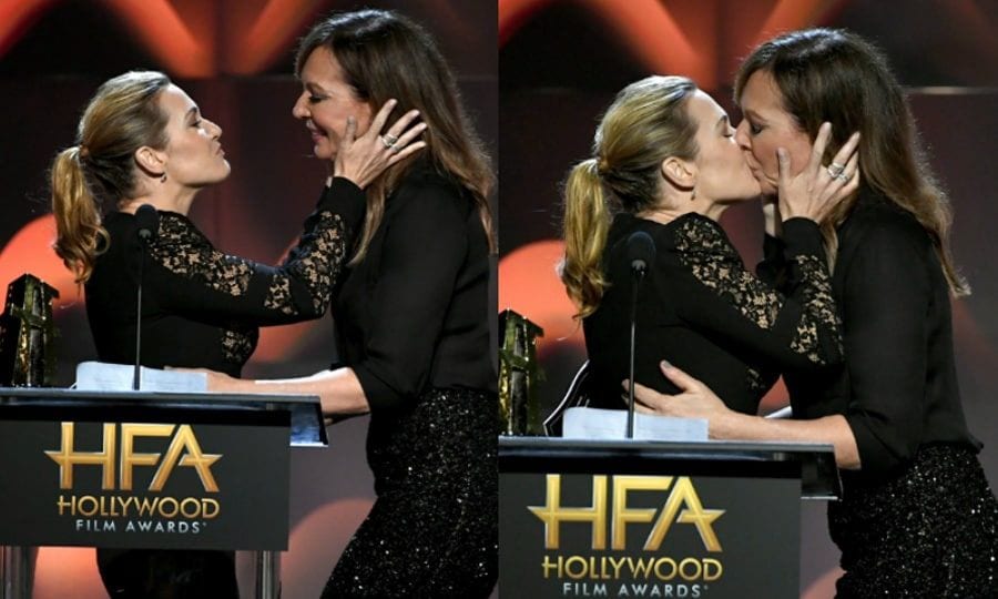 Kate Winslet received much more than her award during the Hollywood Film Awards. As she stood on stage accepting the honor from her <i>Divergent</i> co-star Shailene Woodley, the British star decided to acknowledge others in the room. "What a great room this is to be in tonight, filled with so many achievements and such powerful creativity," she said. "I'm deeply appreciative of this acknowledgement, at a time when the voices of artists play such an important role in storytelling and pushing boundaries, and that feels necessary todaymore than ever before, I think."
The <i>Wonder Wheel</i> actress then pointed out one star in particular. "Allison Janney is in this room. Allison, I know I don't really know you, but I just want to be you," she said. "I do. Or just stroke you or something. I mean, we could always kiss, maybe."
After hearing that, the <i>Mom</i> actress jumped up and well, the rest is history.
Photos: Getty Images