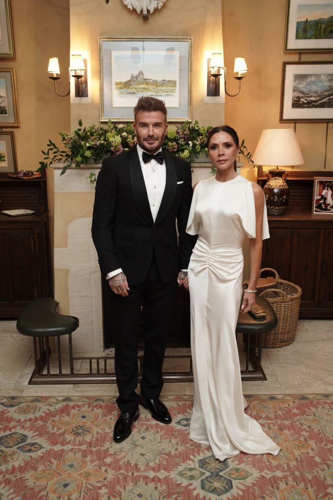 David and Victoria Beckham pose elegantly at Highgrove House during a gala dinner hosted by King Charles and Queen Camilla.