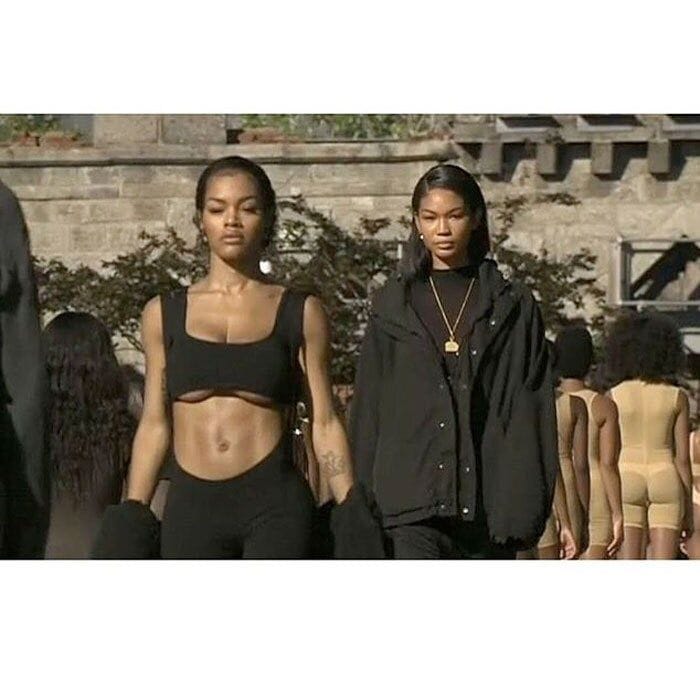 Kanye's muse for <i>Fade</i>, Teyana Taylor, and model Chanel Iman strutted their stuff in black ensembles at the Yeezy Season 4 show held at Roosevelt Island.
Photo: Tidal