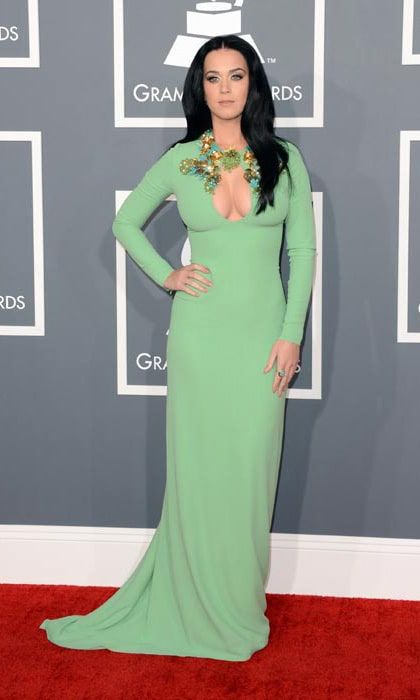 Katy Perry had a hint of vintage Elizabeth Taylor about her in this embellished keyhole dress at the 2013 Grammys.<br>Photo: Getty Images
