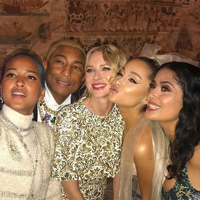 <b>The red carpet at the Met Gala 2018 was more daring and glamorous than ever but the Costume Institute's annual soiree isn't just about fashion it's also a night where celebrities can let loose in style! Check out our gallery of party photos, candids and Instagram pics from the night featuring stars like Amal Clooney, Rihanna and more.</B>
Say cheese! Salma Hayek, far right, posted this all-star photo co-starring (right to left) Ariana Grande, Naomi Watts, Pharrell and Helen Lasichanh.
Photo: Instagram/@salmahayek