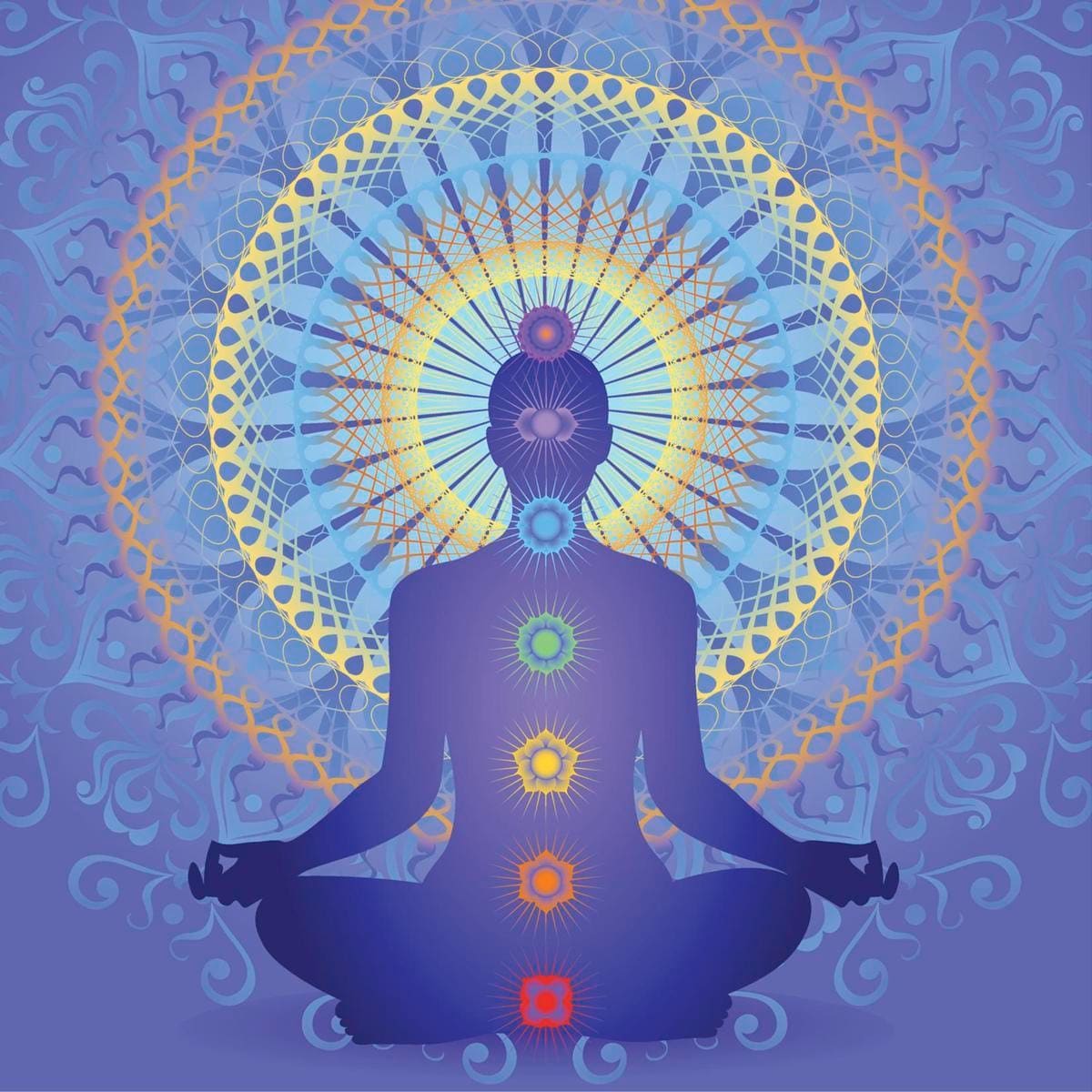 A person sits in meditation with large mandala behind them, chakras visible.