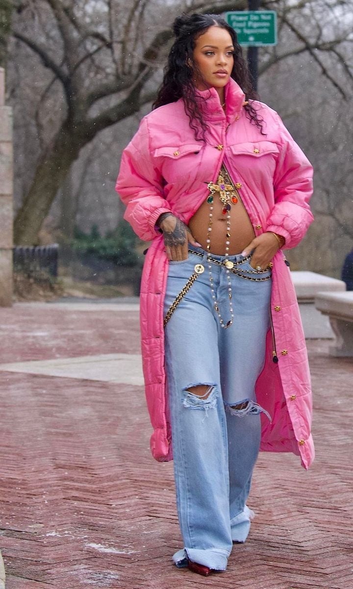 Rihanna wearing a pink vintage Chanel puffer coat