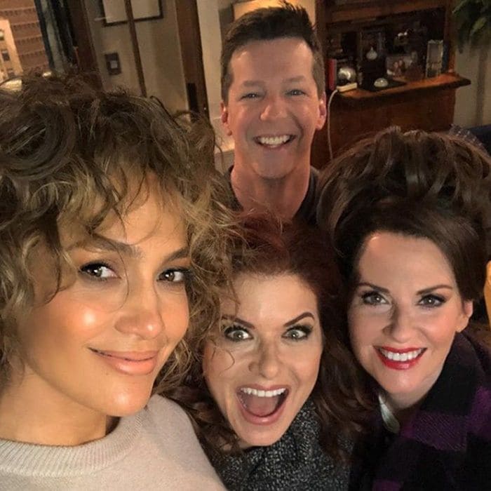 Reunited and it looks so fun! Jennifer Lopez, who previously starred in <i>Will & Grace</i>'s season six finale, shared a photo of herself with Sean Hayes, Debra Messing and Megan Mullally on set. The actress is set to return as herself and her <i>Shades of Blue</i> character, detective Harlee Santos.
Megan reposted Jennifer's selfie from set writing, "huh why is #jenniferlopez on our set... #willandgrace @nbcwillandgrace and in case you're wondering, no, it's not makeup, it's not a trick of the light, nothing's retouched. she's perfect. and she's nice. it's f'd up." Meanwhile the show's official Instagram said, "Don't you just love when old friends drop by? @jlo #WillAndGrace."
Photo: Instagram/@jlo