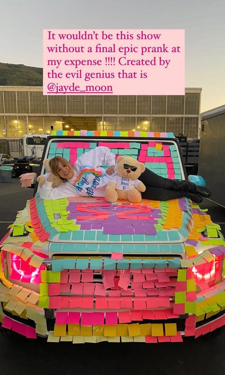 Her car was fully covered in Post It notes, with the words "TFA S2" (The Flight Attendant season 2) spelled out on the windshield and hood.
