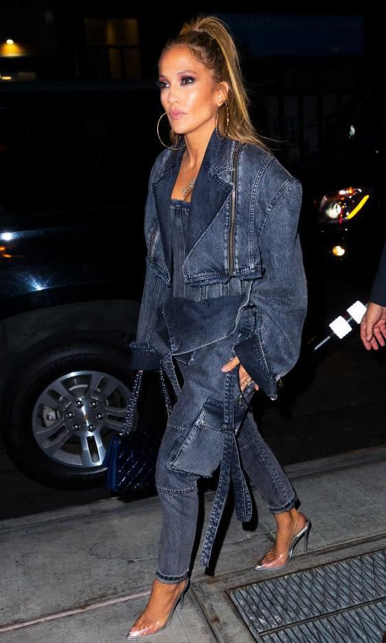 Jennifer Lopez in a complete denim look with gold hoops