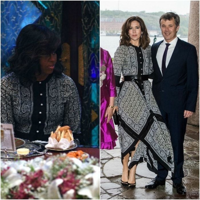 <a href="https://us.hellomagazine.com/tags/1/crown-princess-mary/"><strong>Crown Princess Mary of Denmark</strong></a> took a page out of <a href="https://us.hellomagazine.com/tags/1/michelle-obama/"><strong>Michelle Obama</strong></a>'s fashion book for her visit to Stockholm on May 30, 2017. The Danish royal and former first lady, who wore the dress during her visit to Morocco in 2016, chose to leave their hair down and wavy to complement the flowy Altuzarra Winnie dress.
Photo: Getty Images