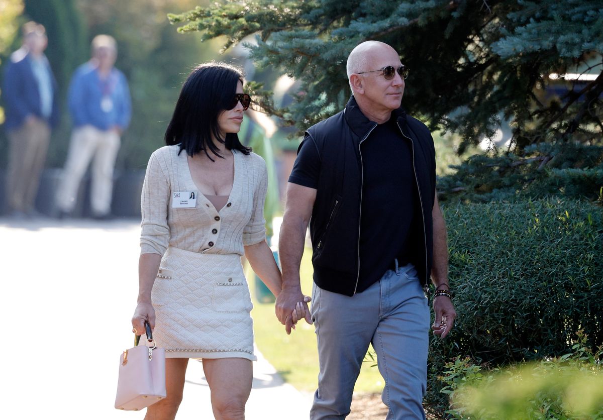 Jeff Bezos, founder of Amazon.com Inc., and Lauren Sanchez attend the Allen & Company Sun Valley Conference on July 10, 2024, in Sun Valley, Idaho. The annual gathering organized by the investment firm Allen & Co brings together the world's most wealthy and powerful figures from the media, finance, technology, and political spheres at the Sun Valley Resort for the exclusive weeklong conference. 