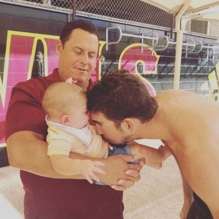 Michael planted a kiss on Boomer, who stopped by to watch him do a couple of laps in the pool.
Photo: Instagram/@boomerrphelps