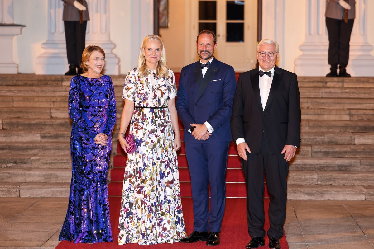 BERLIN, GERMANY - OCTOBER 21: Elke BÃ¼denbender, Princess Mette-Marit of Norway, Haakon, Crown Prince of Norway and German President Frank-Walter Steinmeier attend a dinner for the heads of state of Denmark, Finland, Iceland, Norway and Sweden on the occasion of the 25th anniversary of the Nordic Embassies in Berlin at Bellevue Palace on October 21, 2024 in Berlin, Germany. (Photo by Gerald Matzka/Getty Images)