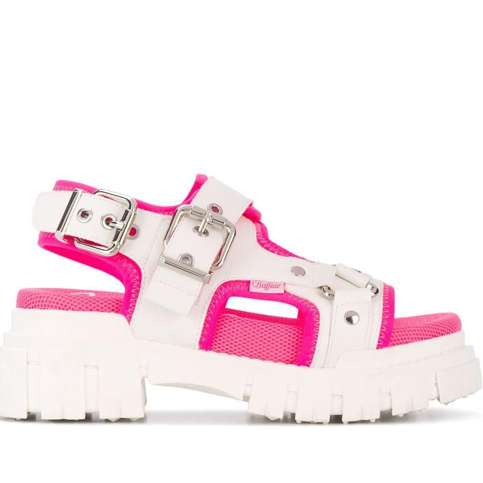 Buffalo dad sandals in white and pink with buckle closure and ridged rubber soles