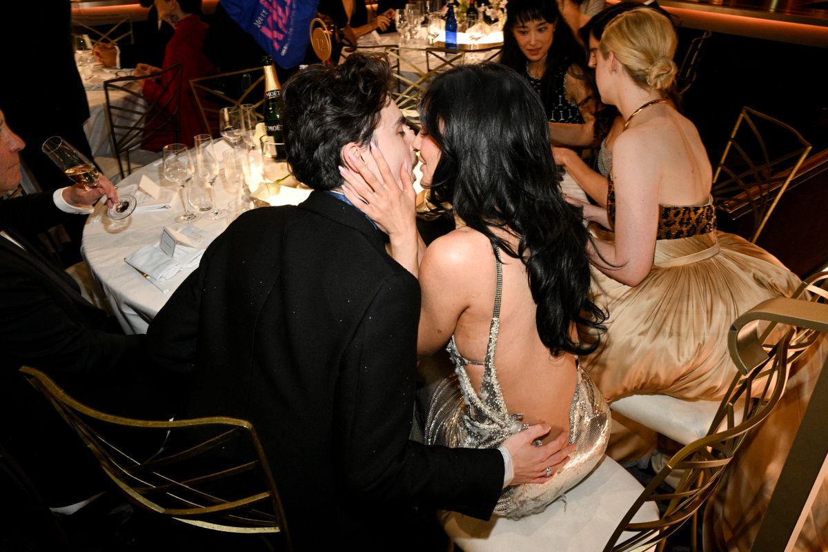 TimothÃ©e Chalamet, Kylie Jenner during the 82nd Annual Golden Globes held at The Beverly Hilton on January 05, 2025 in Beverly Hills, California. (Photo by Michael Buckner/GG2025/Penske Media via Getty Images)