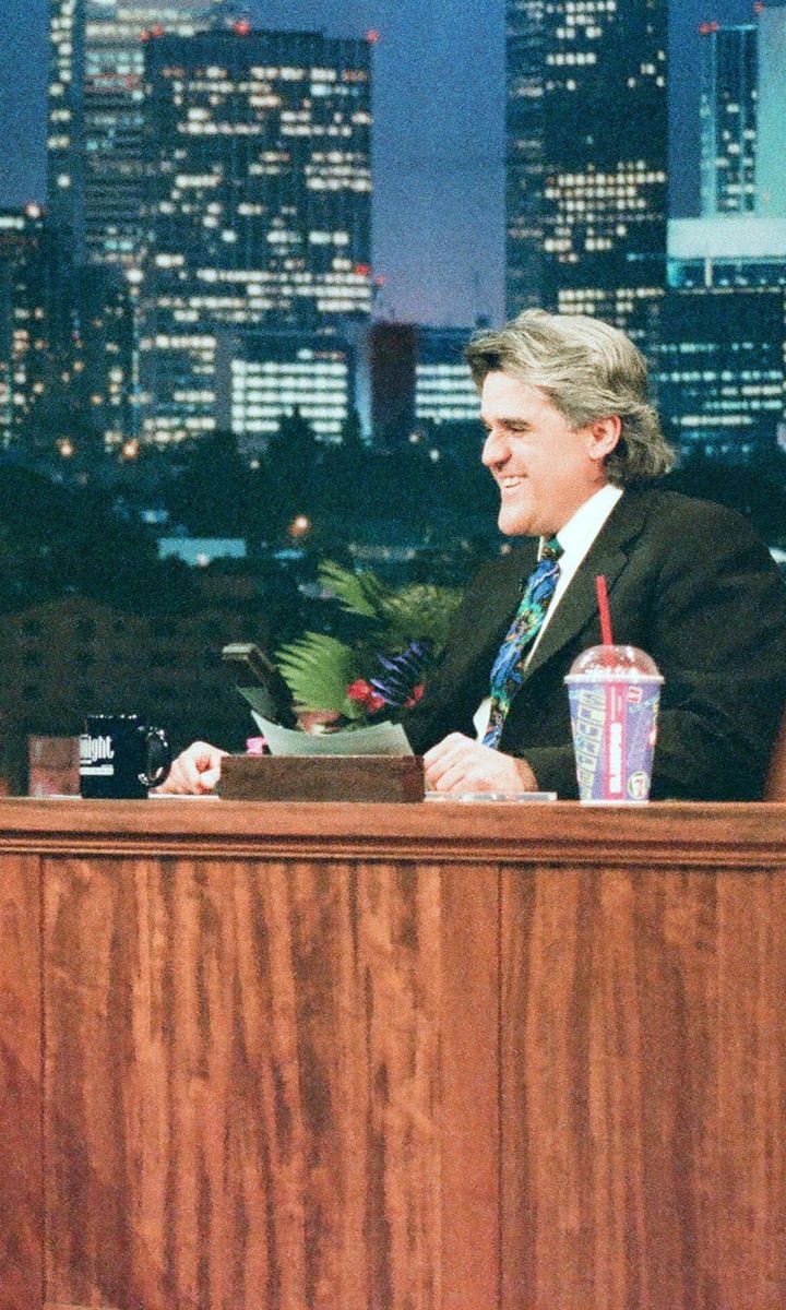 Jay Leno drinking a slurpee during season 4 of The Tonight Show