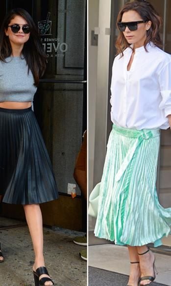 Selena Gomez and Victoria Beckham wear pleated skirts